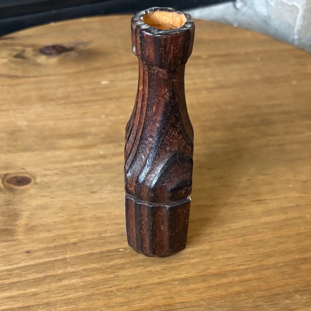 Vintage Wooden Hand Carved Bottle Taper Candle Holder w/Crest Accent 5.85